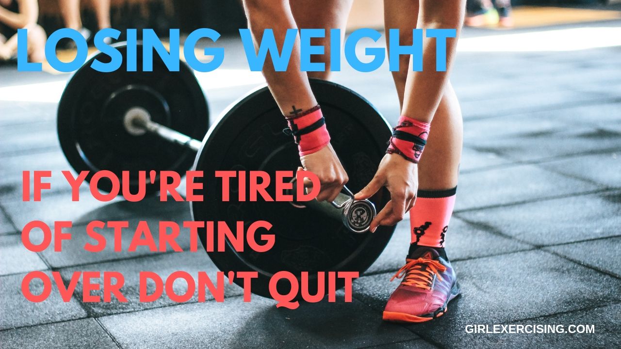 woman lifting weights with Stop quitting quote for weight loss